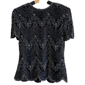 Vintage Papell Boutique Evening Womens Silk Beaded Top Black Size Small Elegant